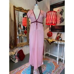 vintage 1970s pink nylon nightgown low cut empire waist s/m 70s lingerie retro